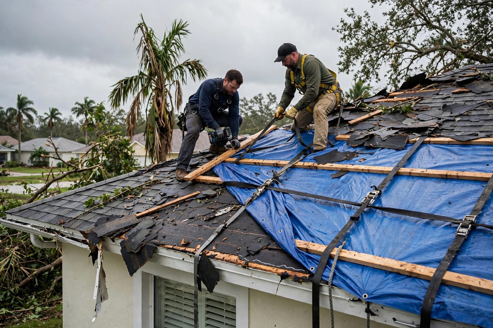 Roofers securing an emergency tarp on a storm-damaged roof