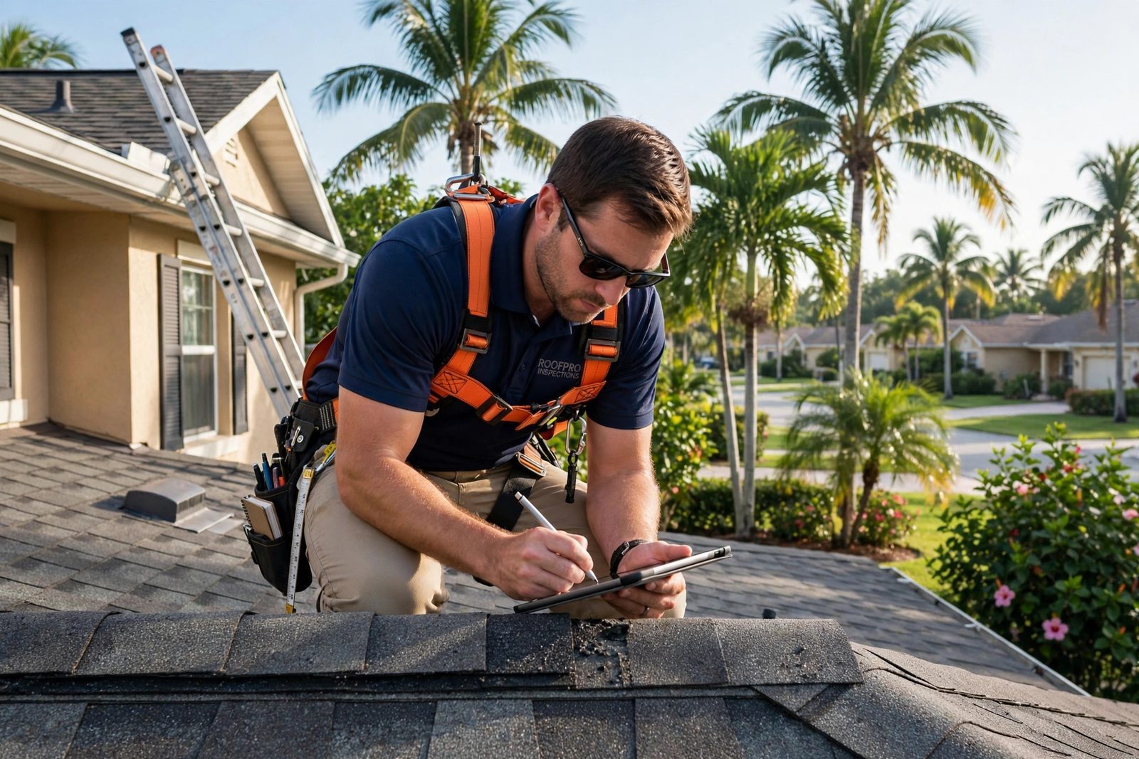 Roof inspector examining a residential roof