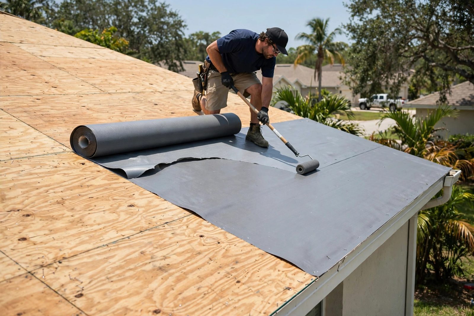Workers installing peel-and-stick underlayment on a roof deck