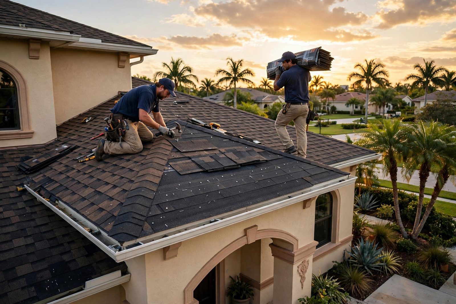 Roofing crew installing shingles at sunset
