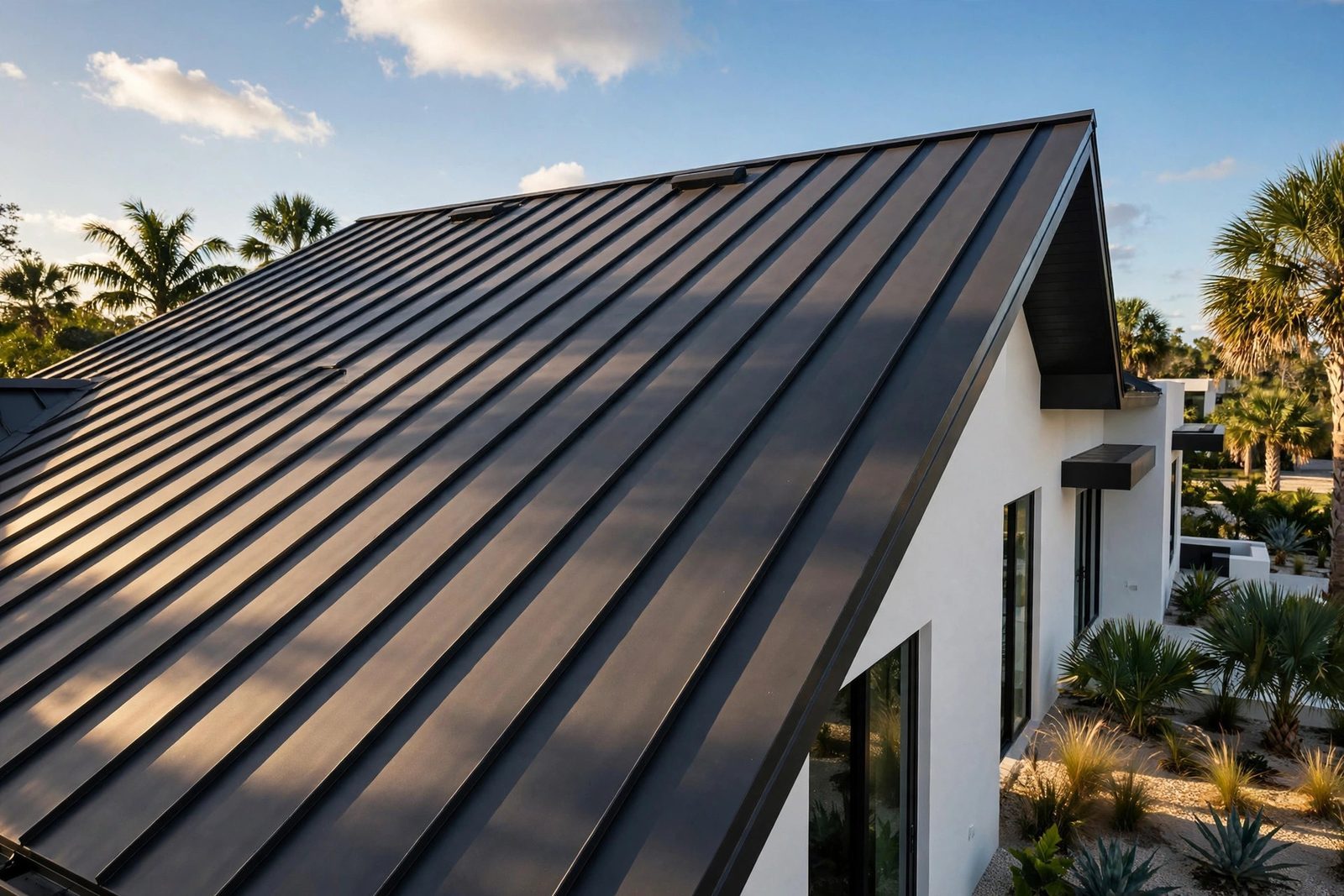 Standing-seam metal roof on a modern Florida home